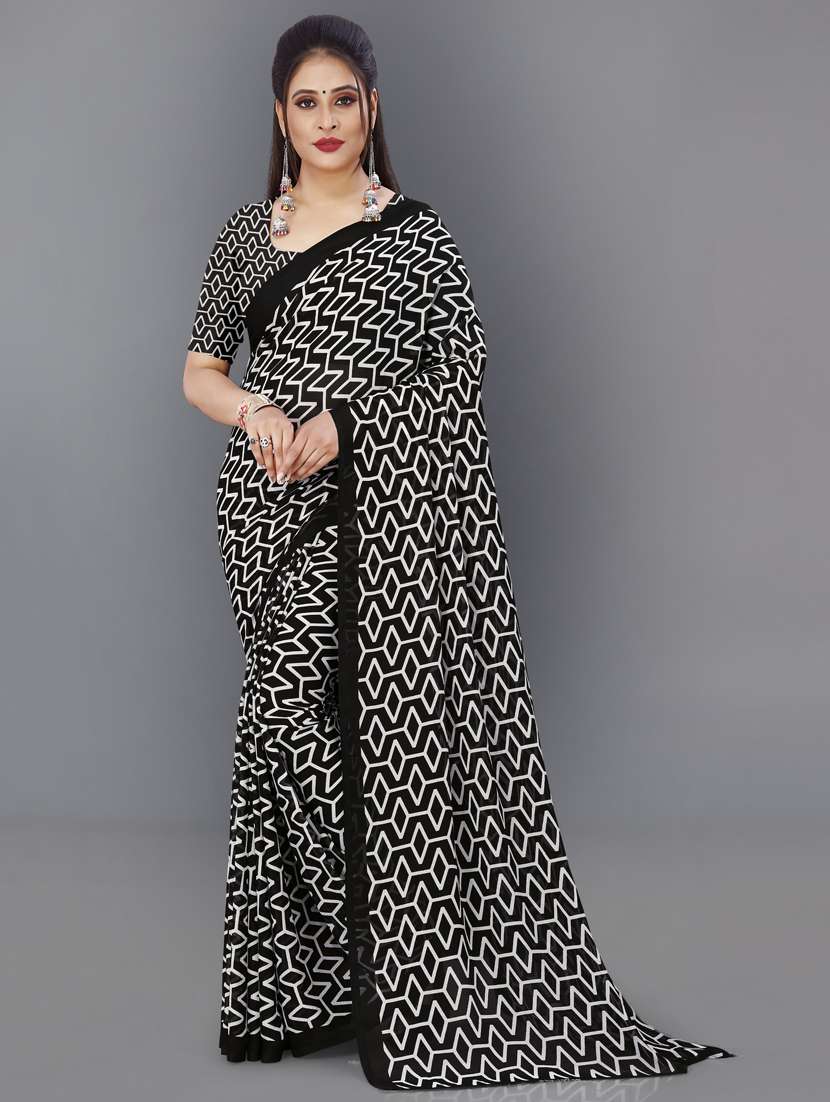 women black geometric printed saree with blouse