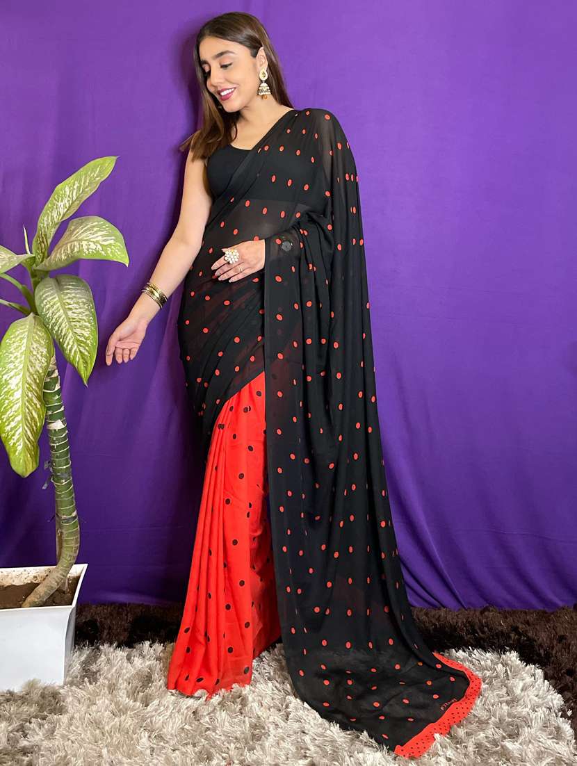 women red polka dots printed saree with blouse