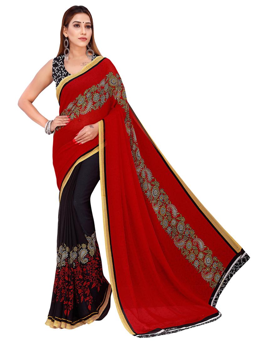 red embroidered half and half saree with blouse - 21412581 - Zoom Image - 0