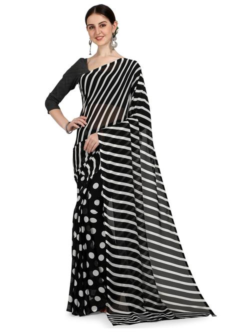 women black stripes printed saree with blouse - 21412685 - Standard Image - 0