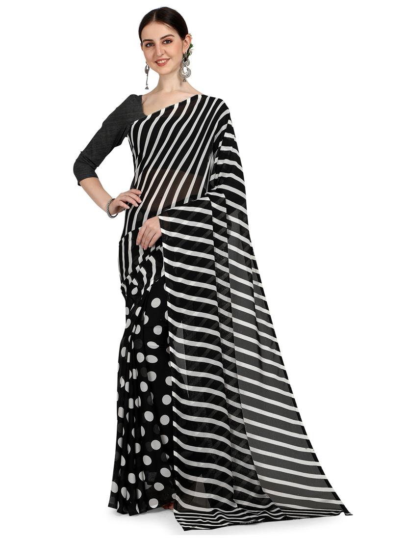 women black stripes printed saree with blouse - 21412685 - Zoom Image - 0
