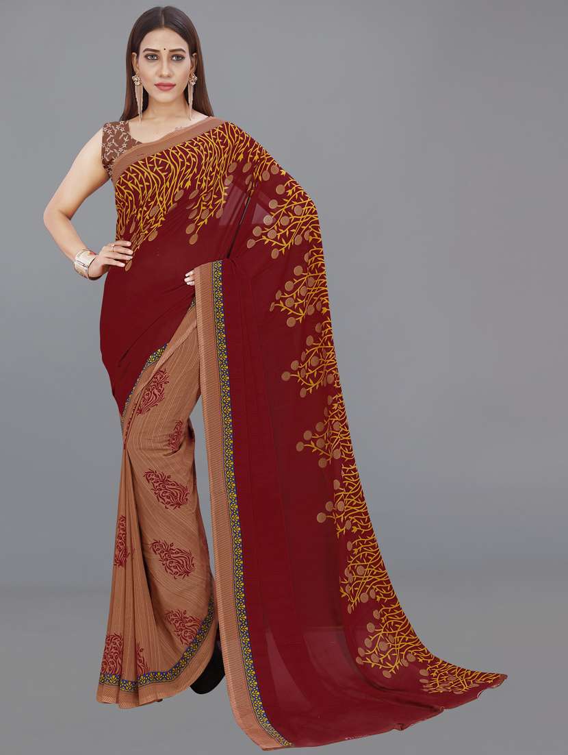 women brown printed georgette saree with blouse