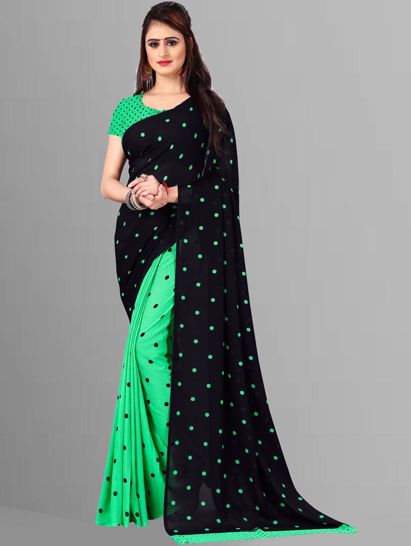 women green polka dots printed saree with blouse