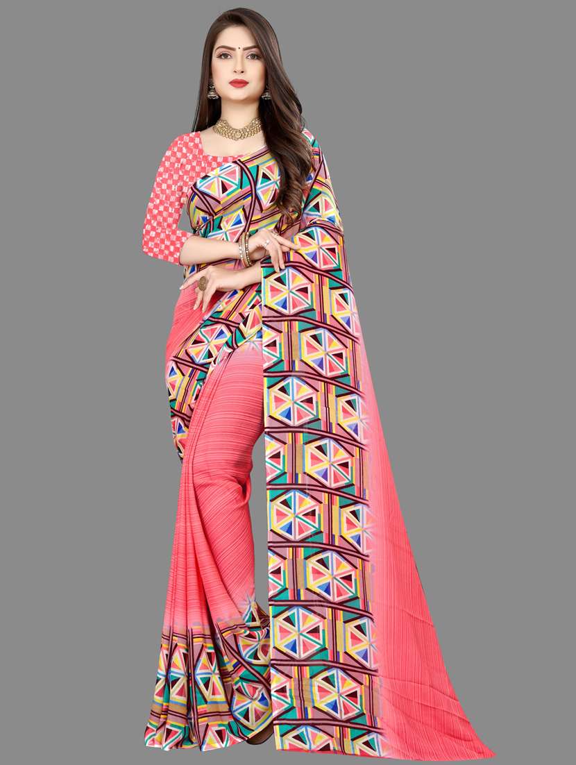 women pink geometric printed saree with blouse