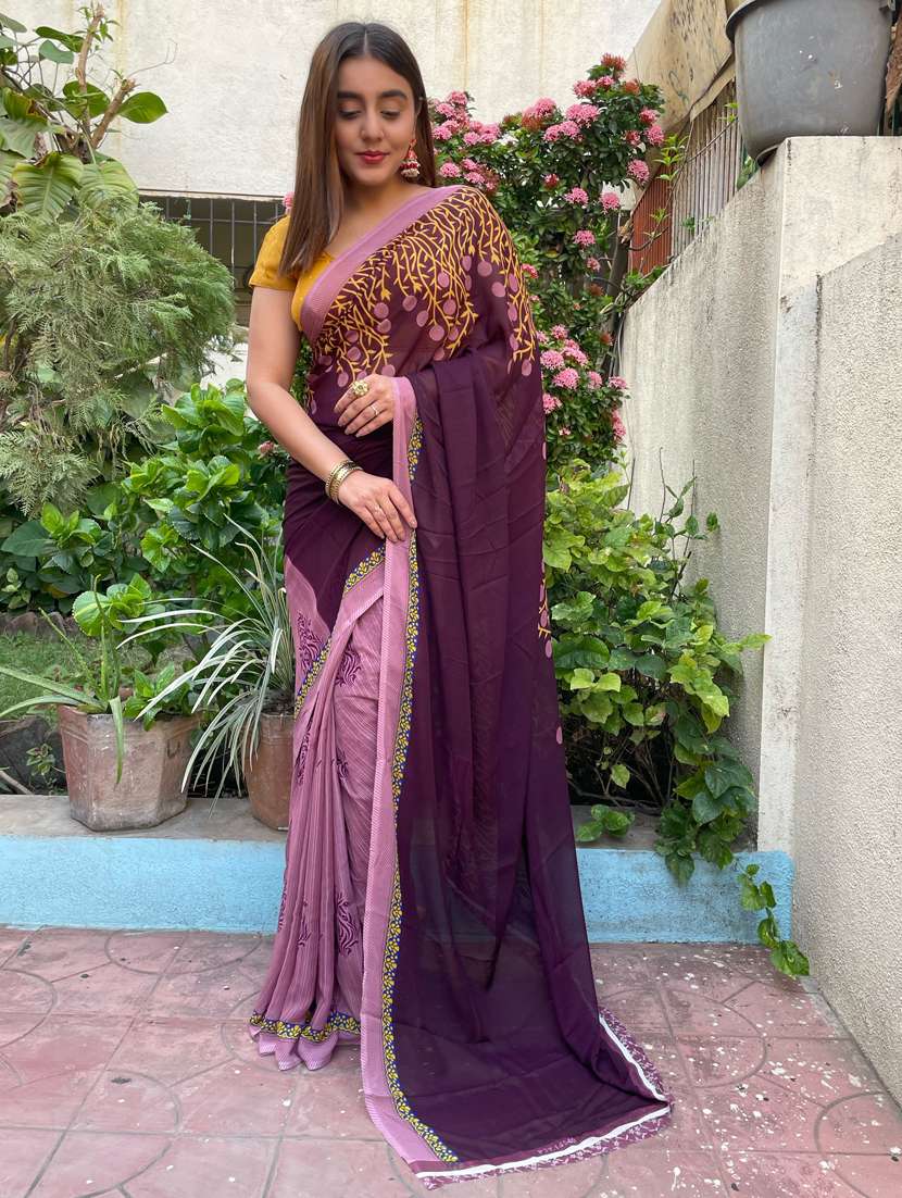 women purple printed georgette saree with blouse