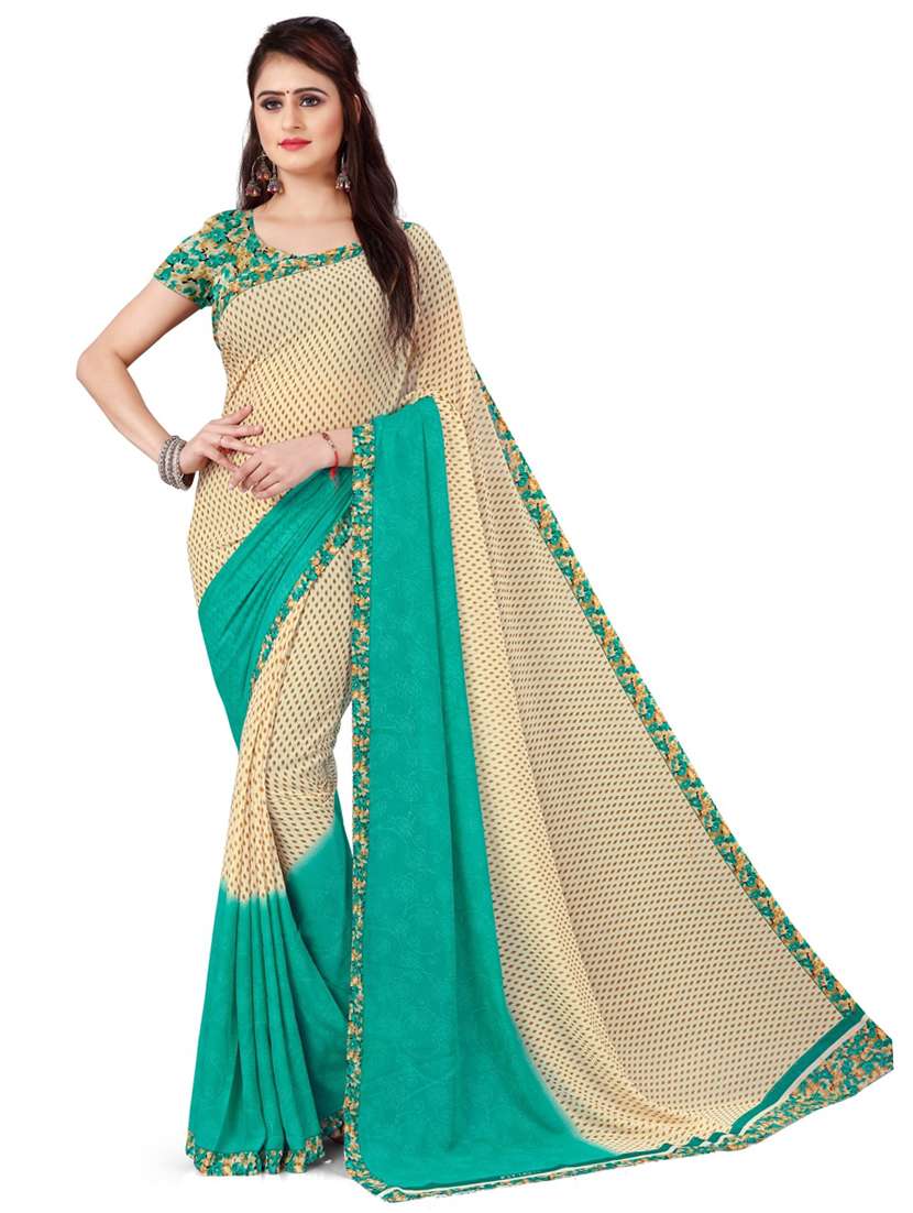 women cream printed georgette saree with blouse