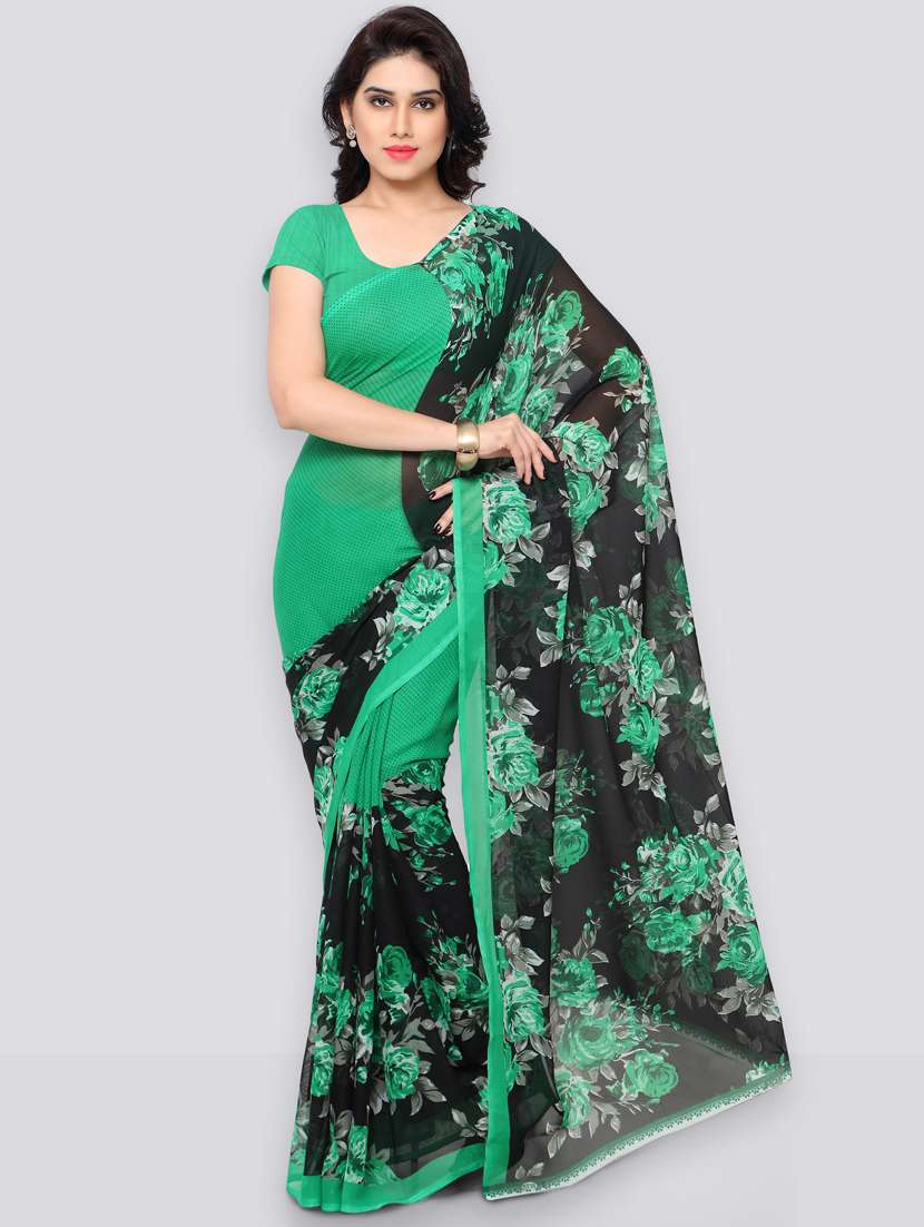 women green floral printed saree with blouse
