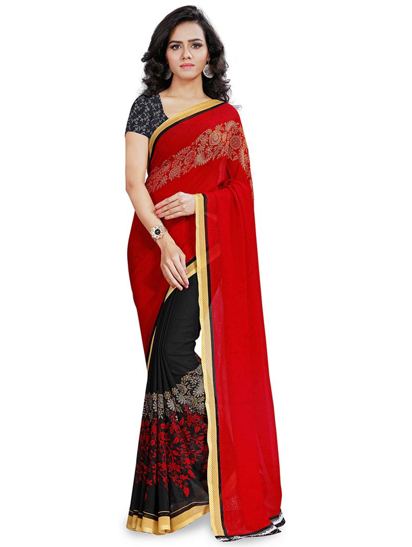 red embroidered half and half saree with blouse - 21413259 - Zoom Image - 0