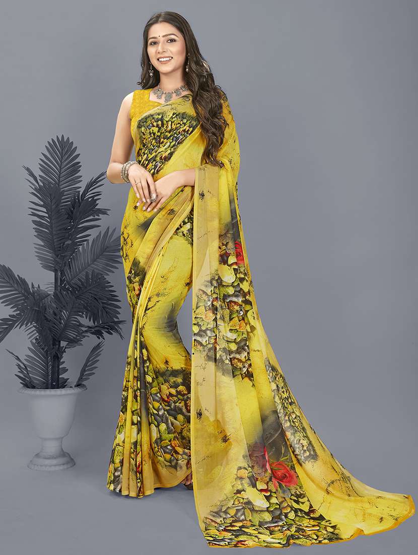 women yellow printed saree with blouse - 21413337 -  Zoom Image - 0