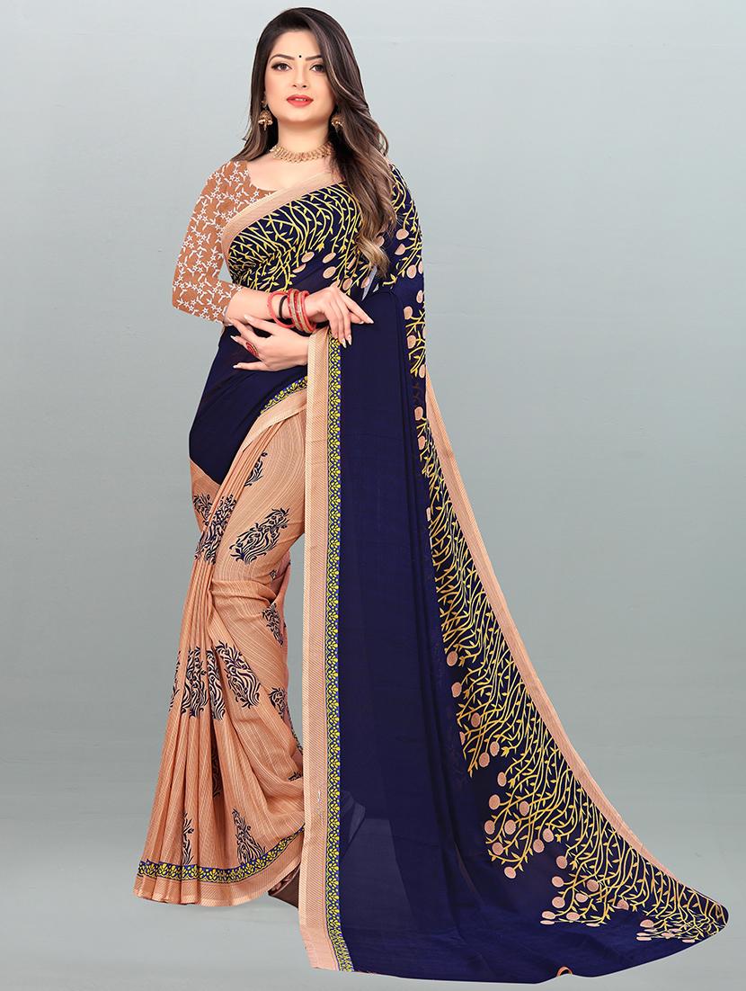 women navy blue printed saree with blouse - 21413455 - Zoom Image - 0