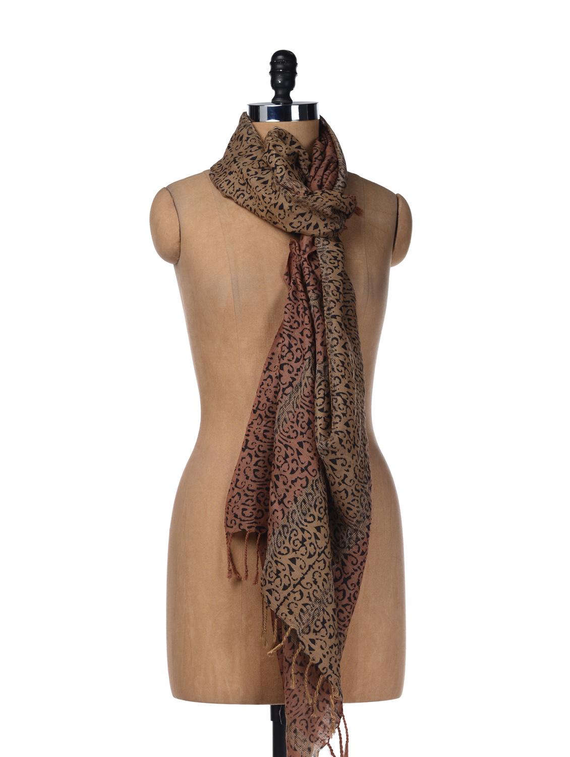 Peach-brown Bamboo Engraving Tussar Stole - Creative Bee