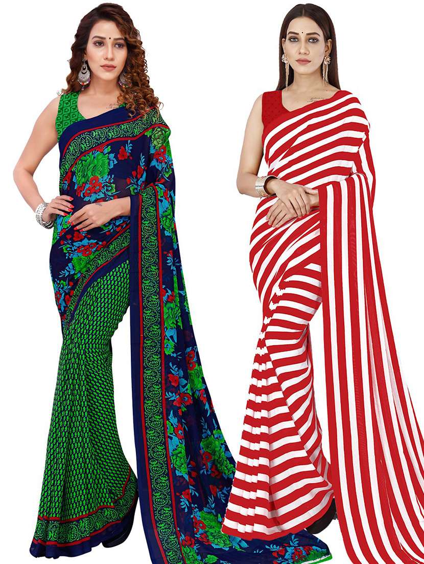 pack of 2 printed casual wear sarees with blouse - 21425451 - Zoom Image - 0