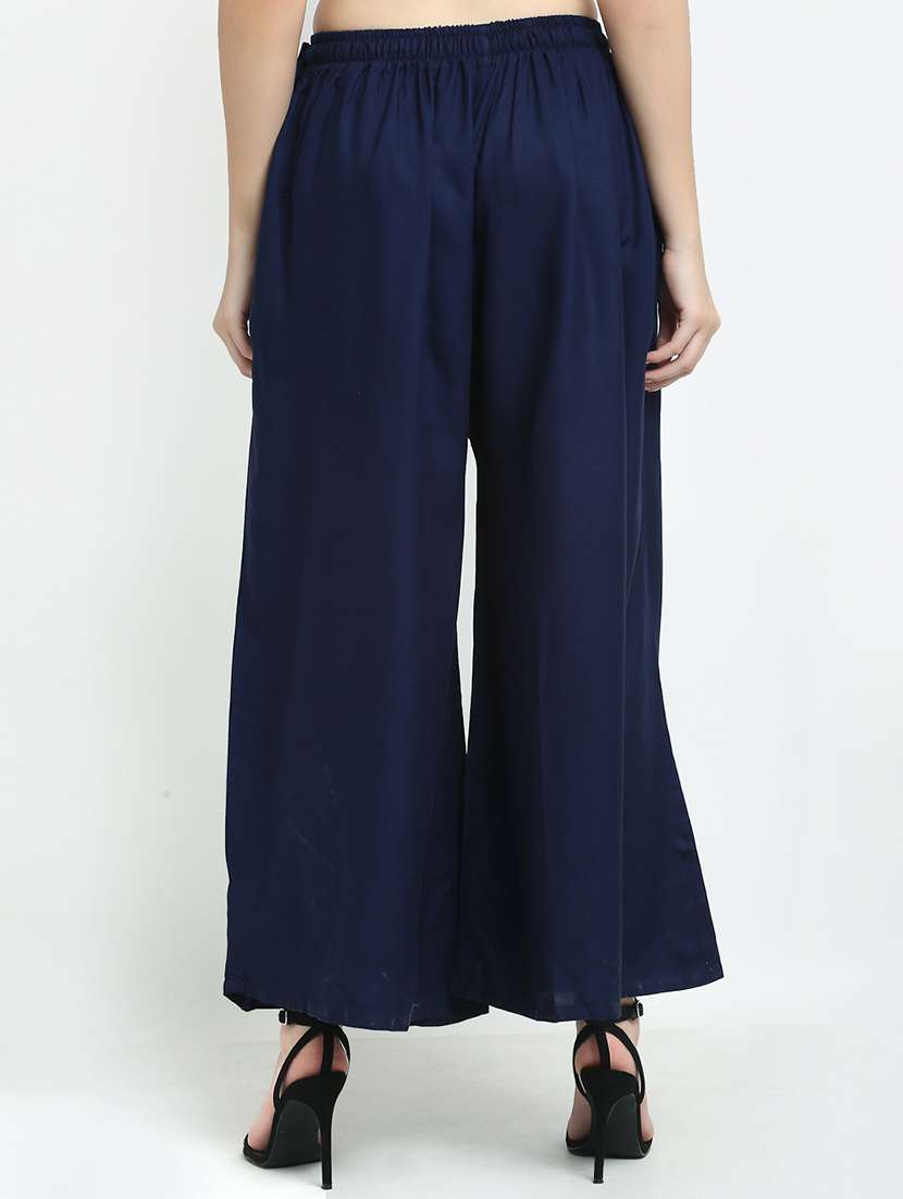 Women Navy Blue Rayon Pocket Palazzo