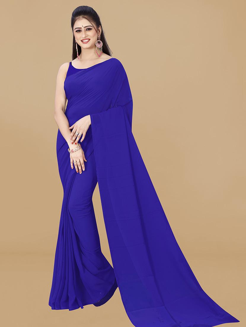 women blue solid saree with blouse - 21431200 -  Zoom Image - 0