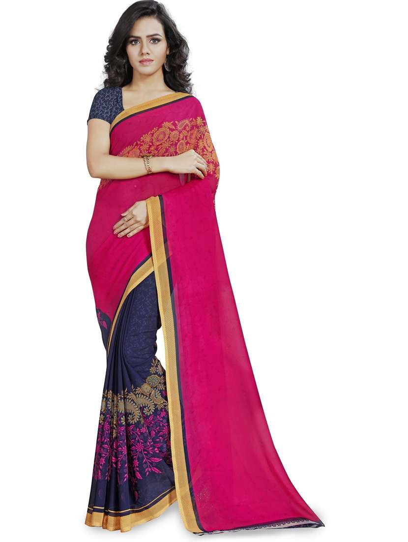women navy blue printed georgette saree with blouse