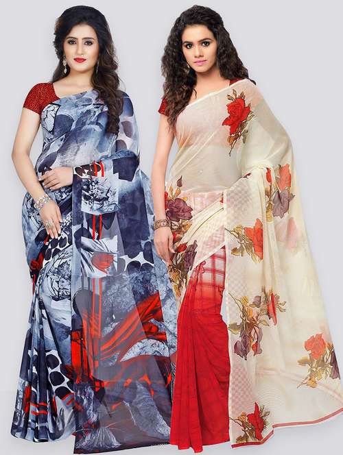 pack of 2 printed casual wear sarees with blouse - 21431439 -  Standard Image - 0