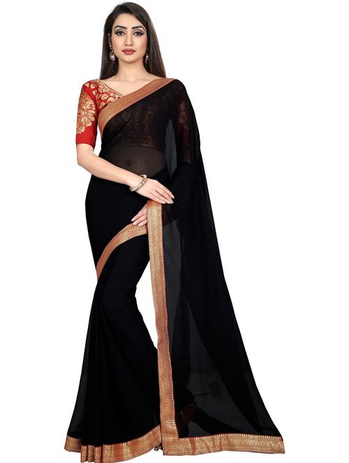 women black solid with bordered saree with blouse - 21431447 - Standard Image - 0