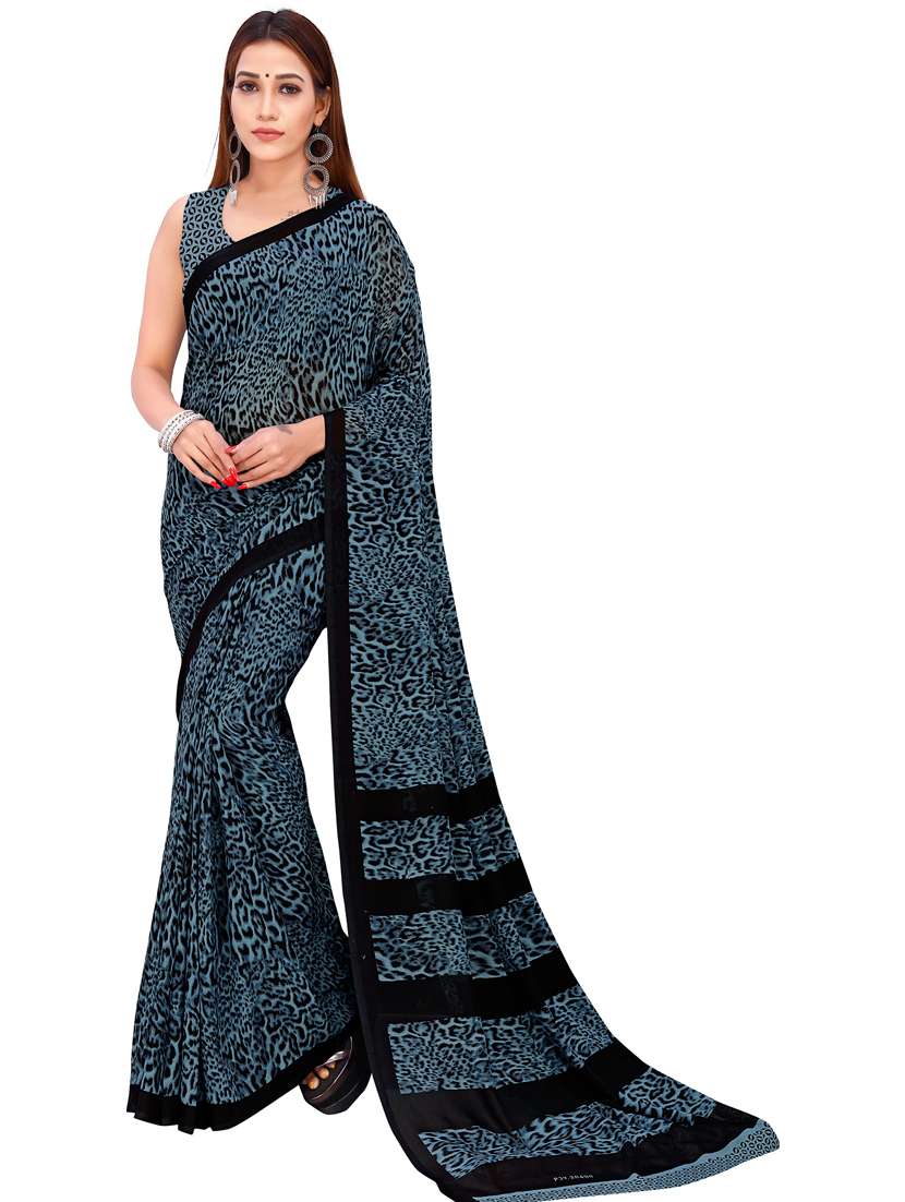 women teal animal printed saree with blouse