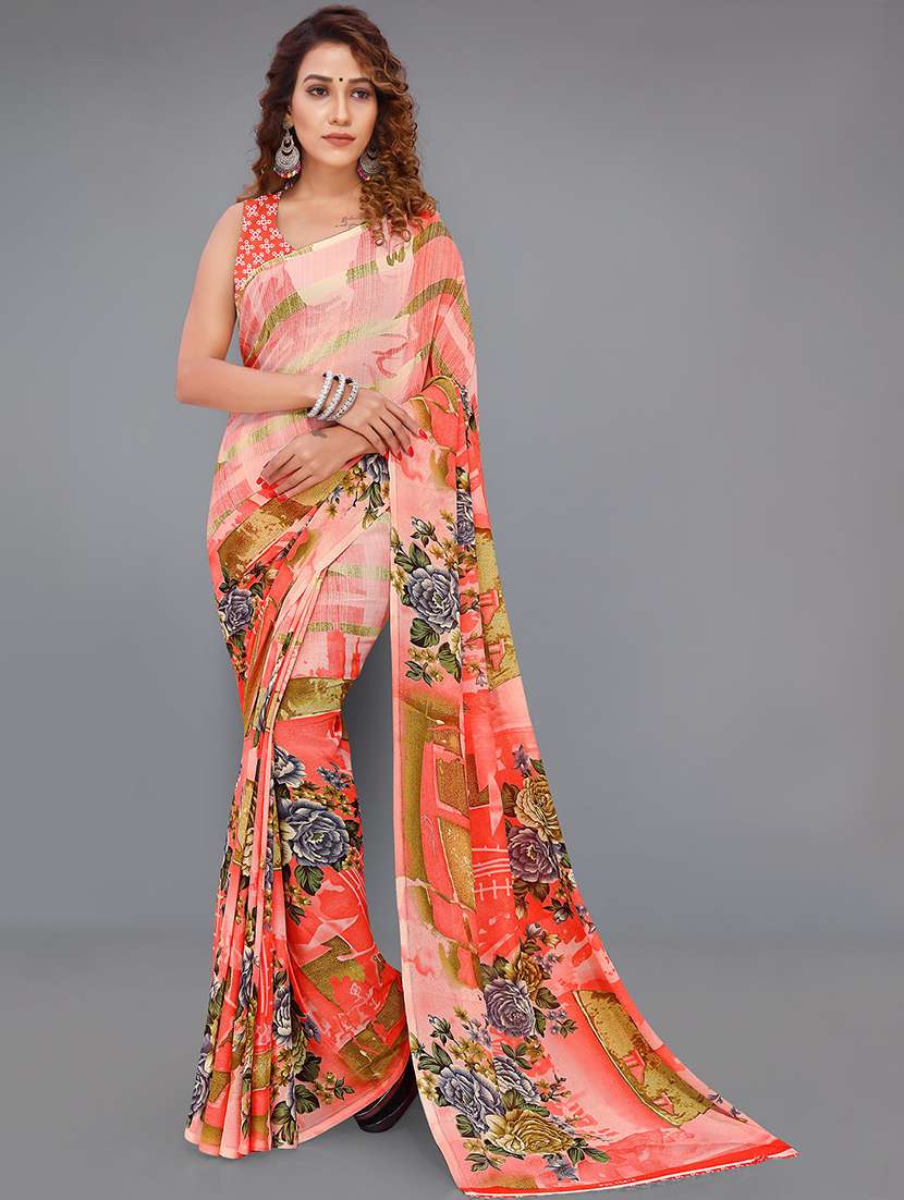 women peach floral printed georgette saree with blouse