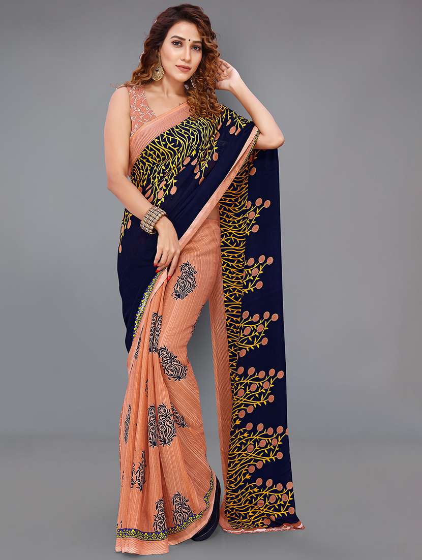 women peach printed georgette saree with blouse