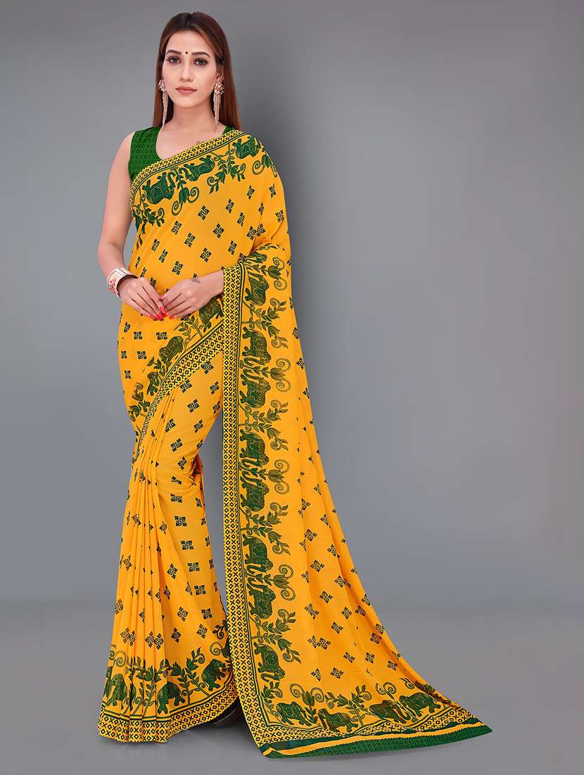 women yellow printed georgette saree with blouse