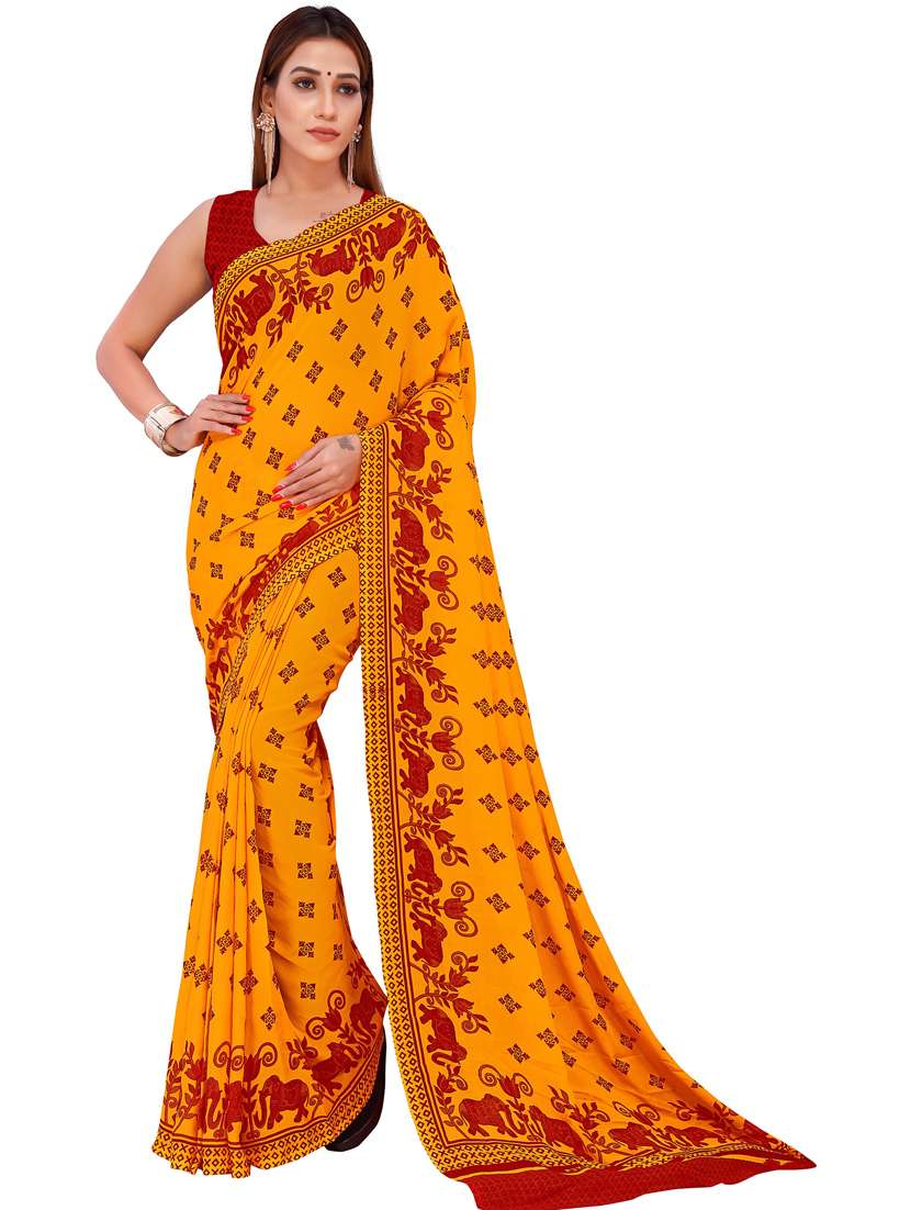 women yellow printed georgette saree with blouse