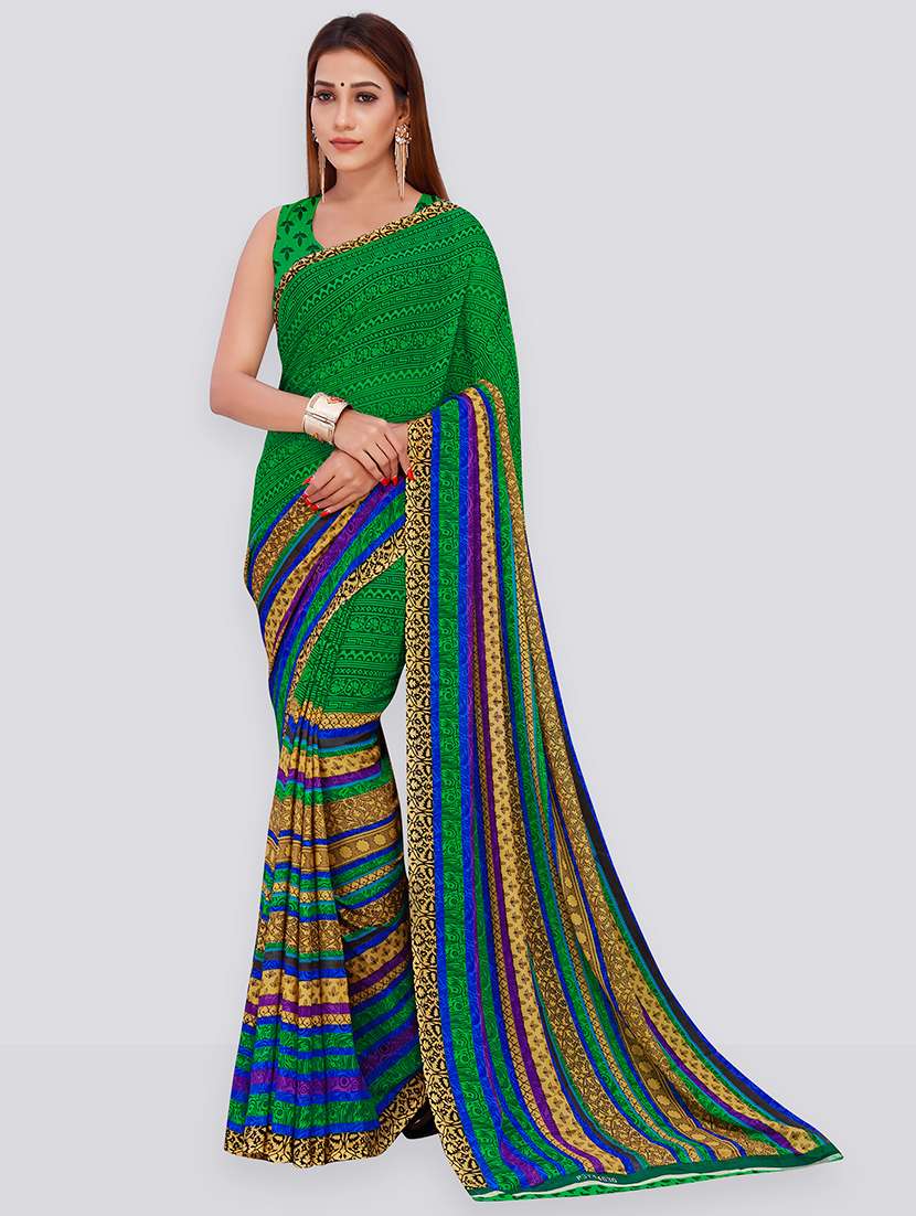 women green stripes printed saree with blouse