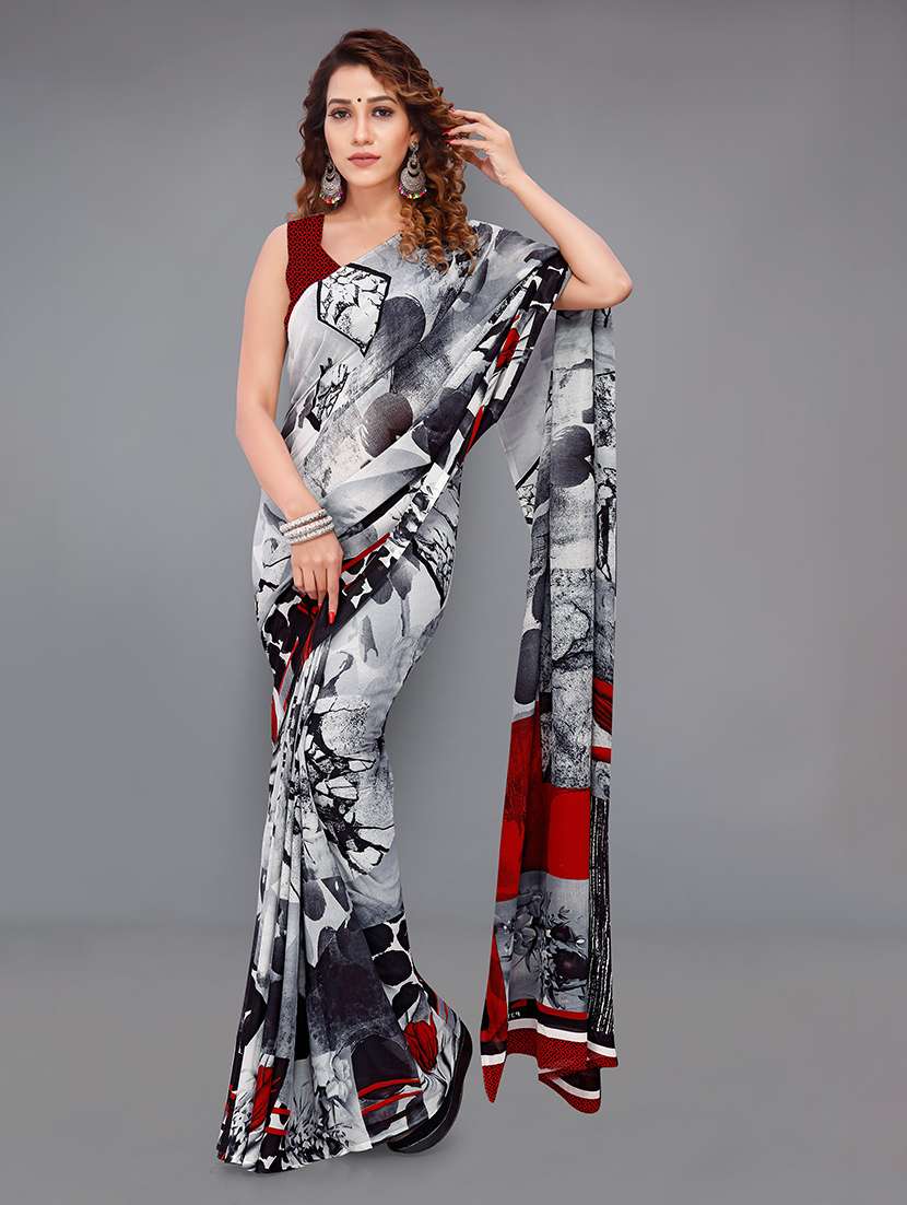 women grey printed saree with blouse