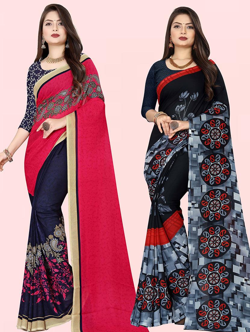 pack of 2 printed casual wear sarees with blouse - 21432166 - Zoom Image - 0