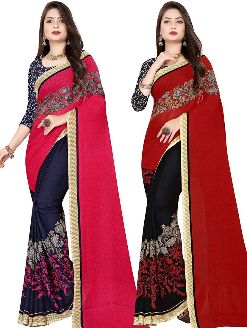 women multi color printed combo saree with blouse