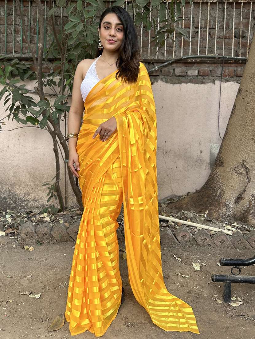 women yellow stripes printed saree with blouse - 21432501 -  Zoom Image - 0