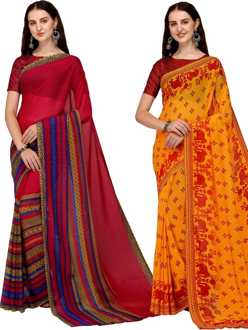 pack of 2 printed casual wear sarees with blouse - 21435727 - Zoom Image - 0