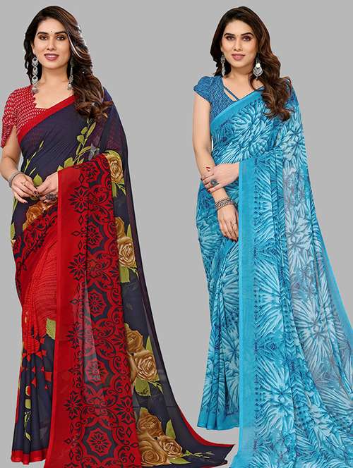 pack of 2 printed casual wear sarees with blouse - 21446251 -  Standard Image - 0