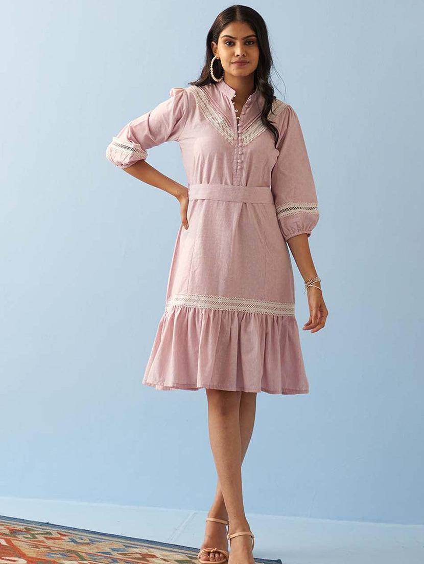 women pink mandarin neck fit & flare dress - 21446306 - Zoom Image - 0