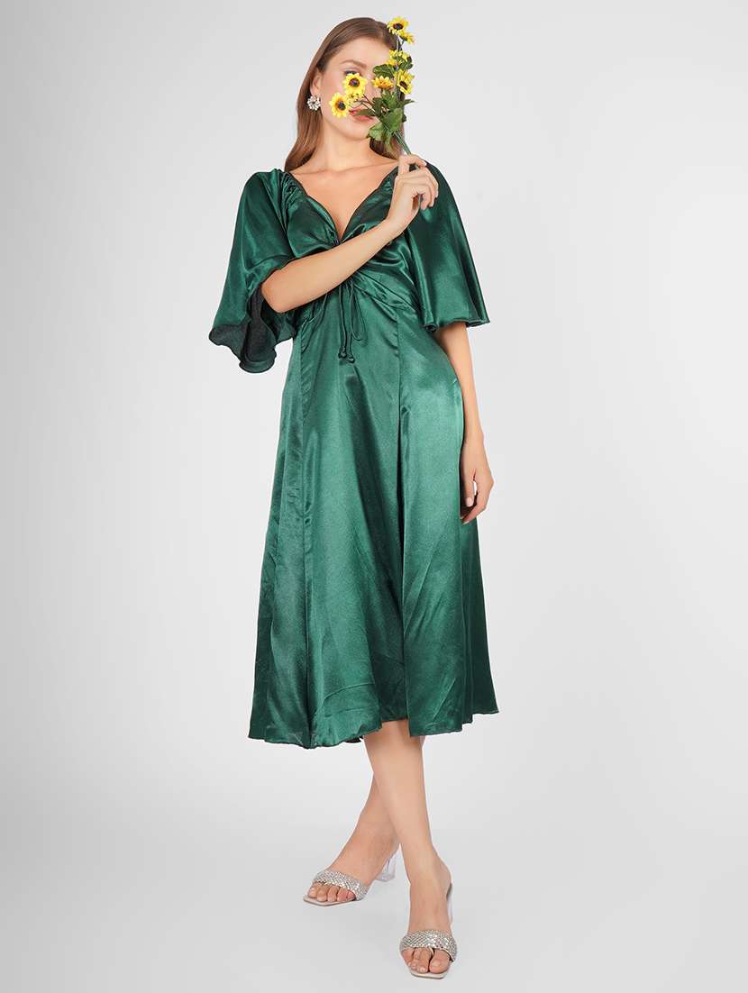 Women Bottle Green Satin A Line Dress