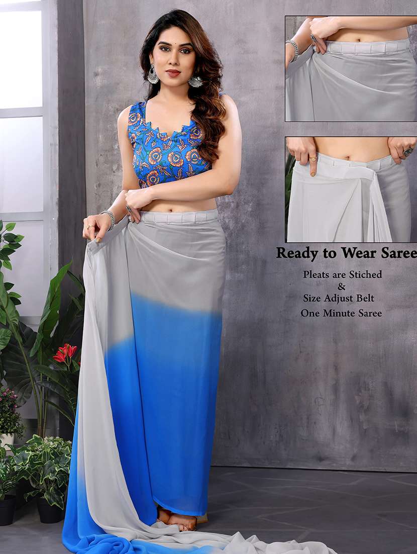 women light blue ombre plain saree with blouse - 21449910 -  Standard Image - 3