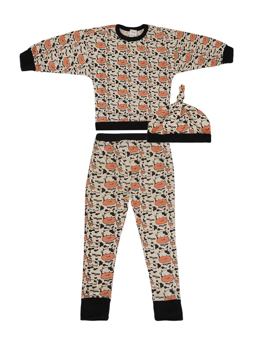 kids brown cotton printed full length set