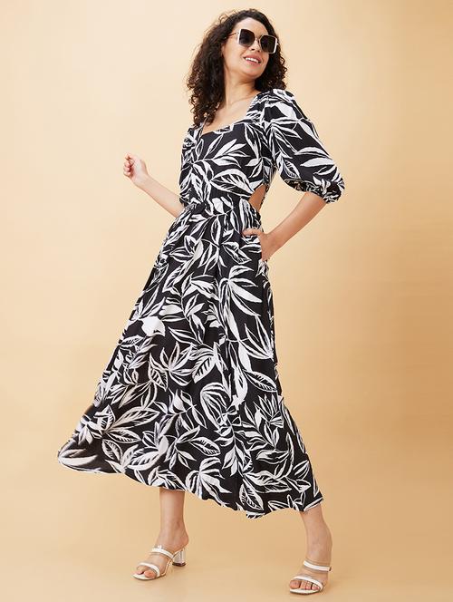 globus women black floral printed puff sleeve cut outs maxi dress - 21450389 -  Standard Image - 0