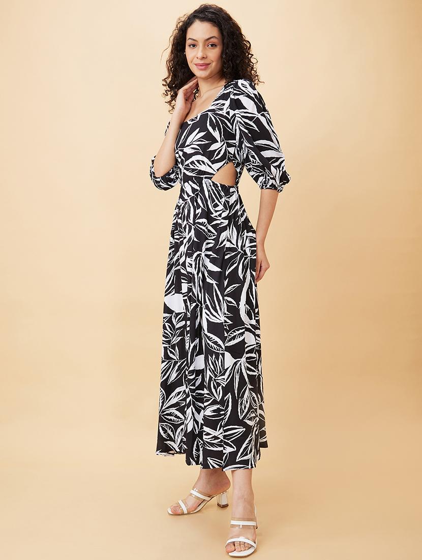 globus women black floral printed puff sleeve cut outs maxi dress - 21450389 - Standard Image - 3