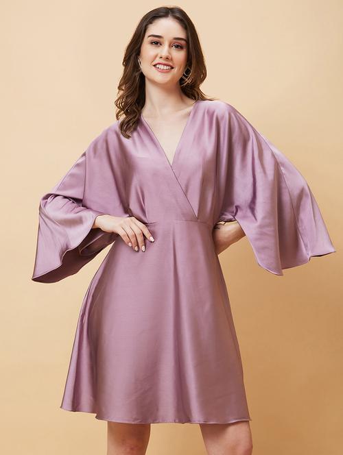 globus women mauve wrap neck flared sleeves a-line party dress - 21450395 -  Standard Image - 0