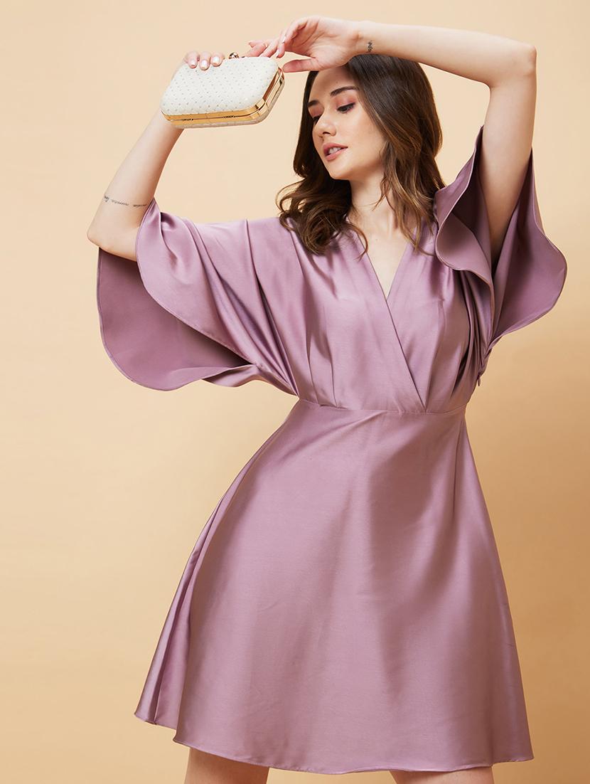 globus women mauve wrap neck flared sleeves a-line party dress - 21450395 - Standard Image - 3