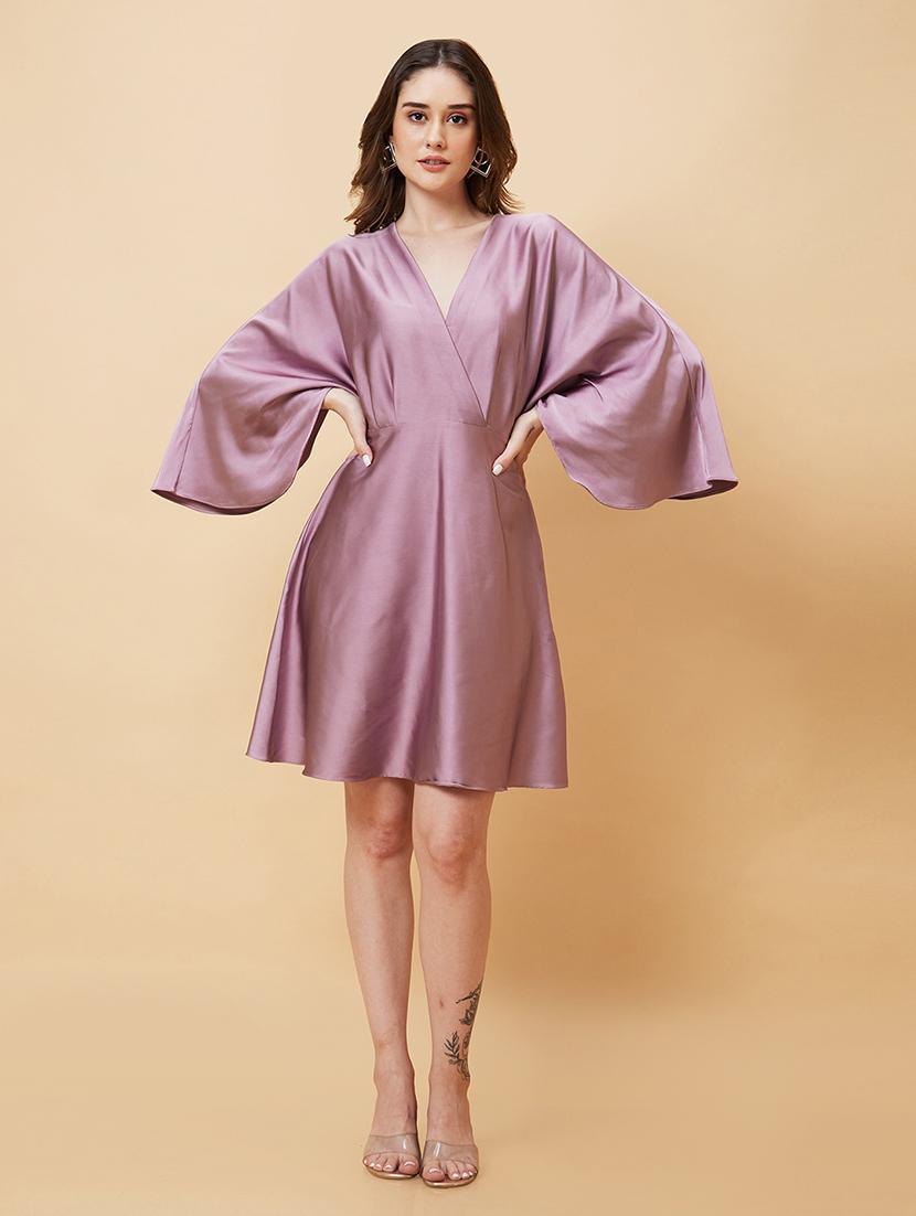 globus women mauve wrap neck flared sleeves a-line party dress - 21450395 - Standard Image - 5