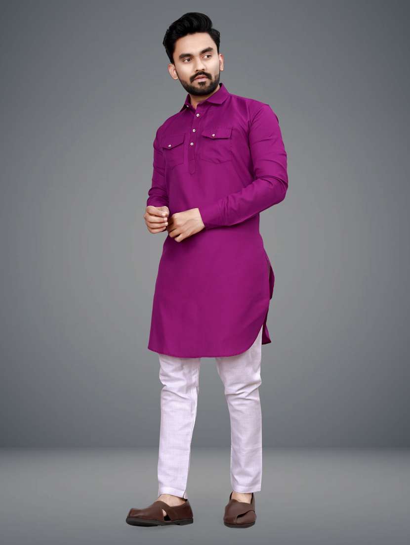 men purple cotton blend long kurta - 21450677 - Standard Image - 3
