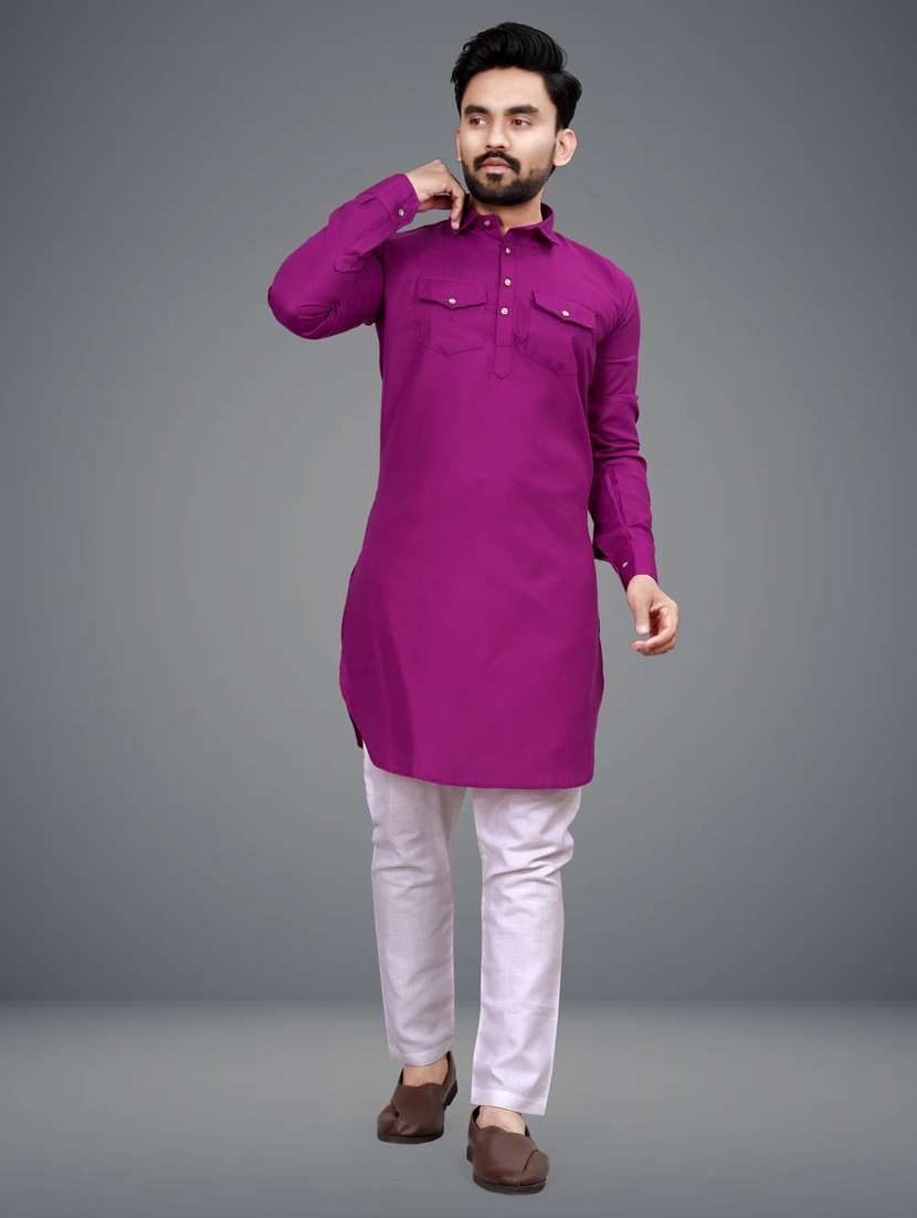 men purple cotton blend long kurta - 21450678 - Zoom Image - 0