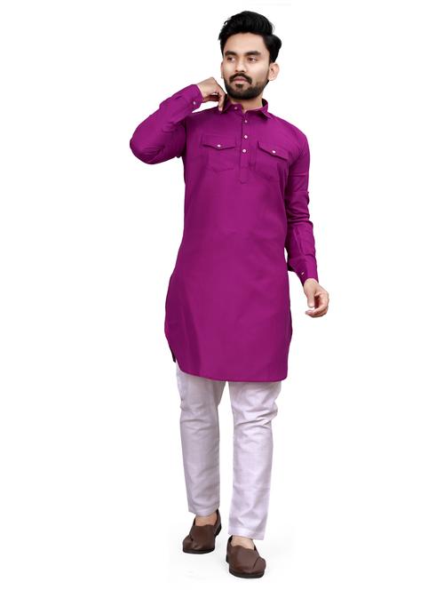 men purple cotton blend long kurta - 21450690 -  Standard Image - 0