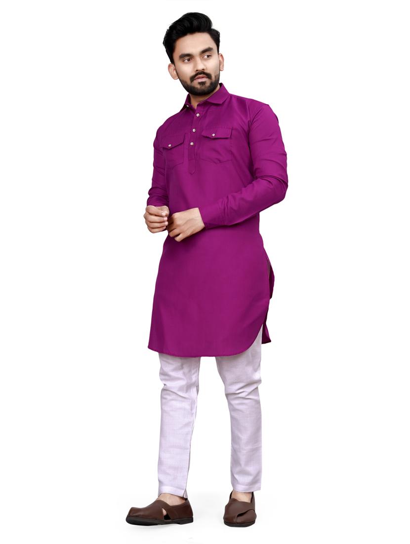 men purple cotton blend long kurta - 21450690 - Standard Image - 3