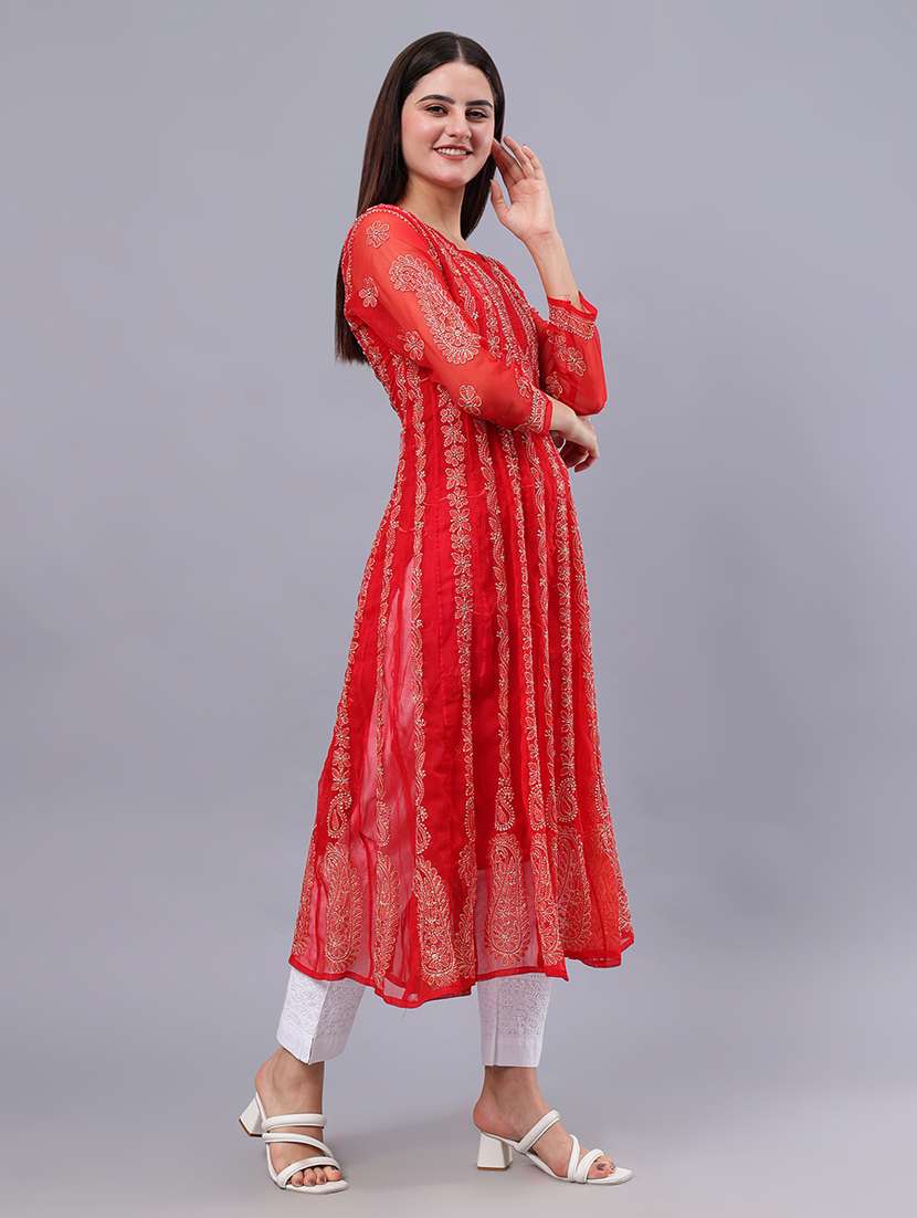 women three quarter sleeve chikankari work kurta  - 21450759 -  Standard Image - 3