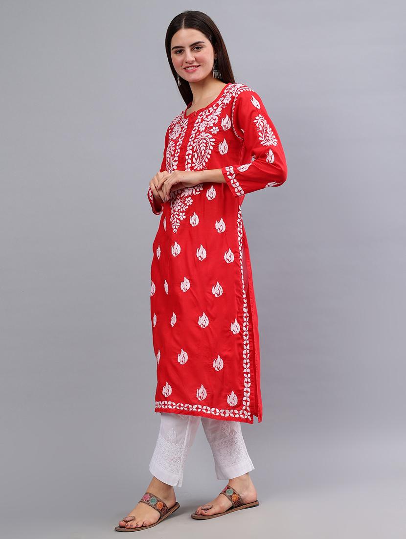 women three quarter sleeve chikankari work kurta - 21450762 - Standard Image - 3