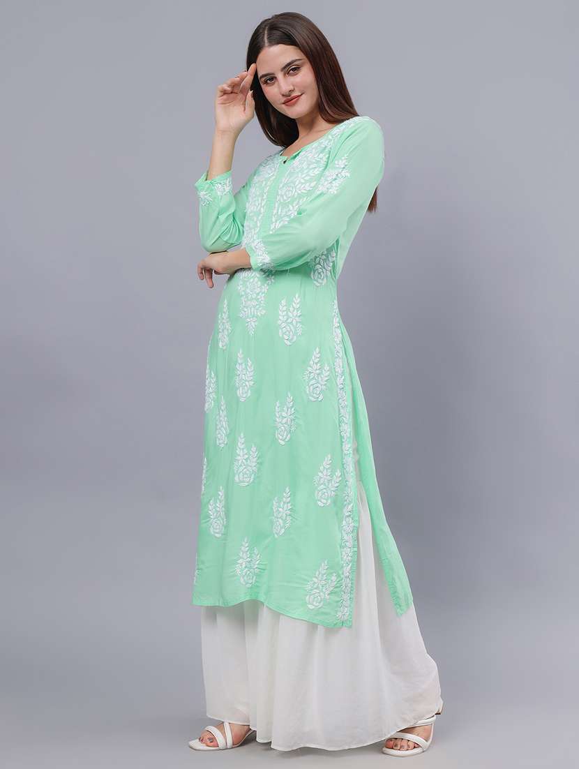 women three quarter sleeve chikankari work kurta  - 21450766 -  Standard Image - 3