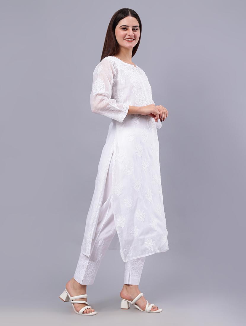 women three quarter sleeve chikankari work kurta - 21450768 - Standard Image - 3